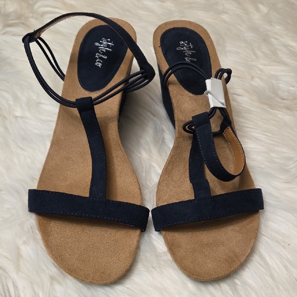 NWOT Navy Wedge Sandals with Adjustable Ankle Strap